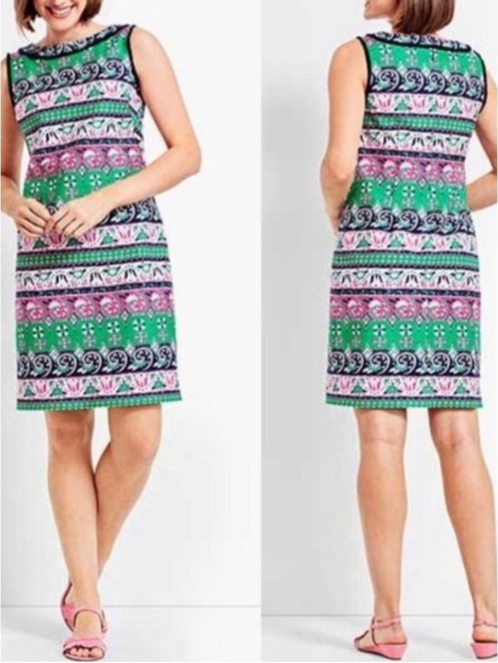 Talbots Sleeveless Shift Dress Striped Paisley Print Fringe Detail Women's 6P
